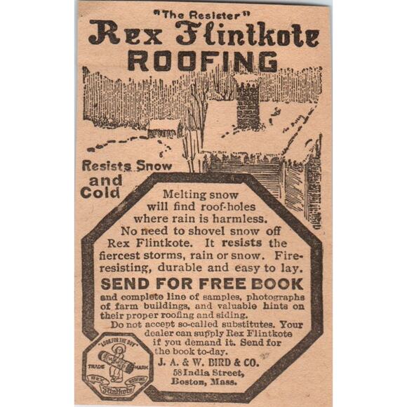 None Other - Rex Flintkote Roofing J.A. & W. Bird & Co Boston 1905 Magazine Ad AF1-NH3